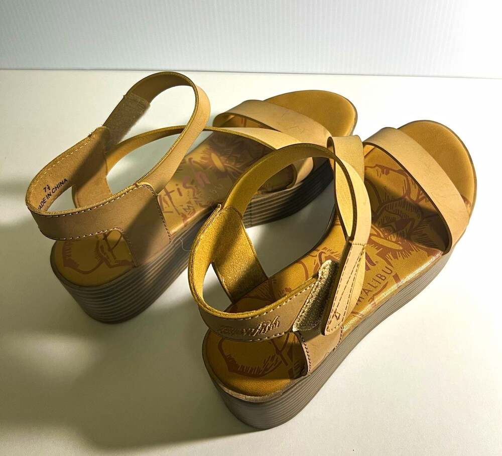 Blowfish Malibu Women’s Beige Strappy Wedge Sandals Ankle Strap US 7.5 Boho
